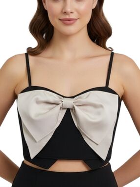 Black Bandeau Crop Top with Cream Bow Accent